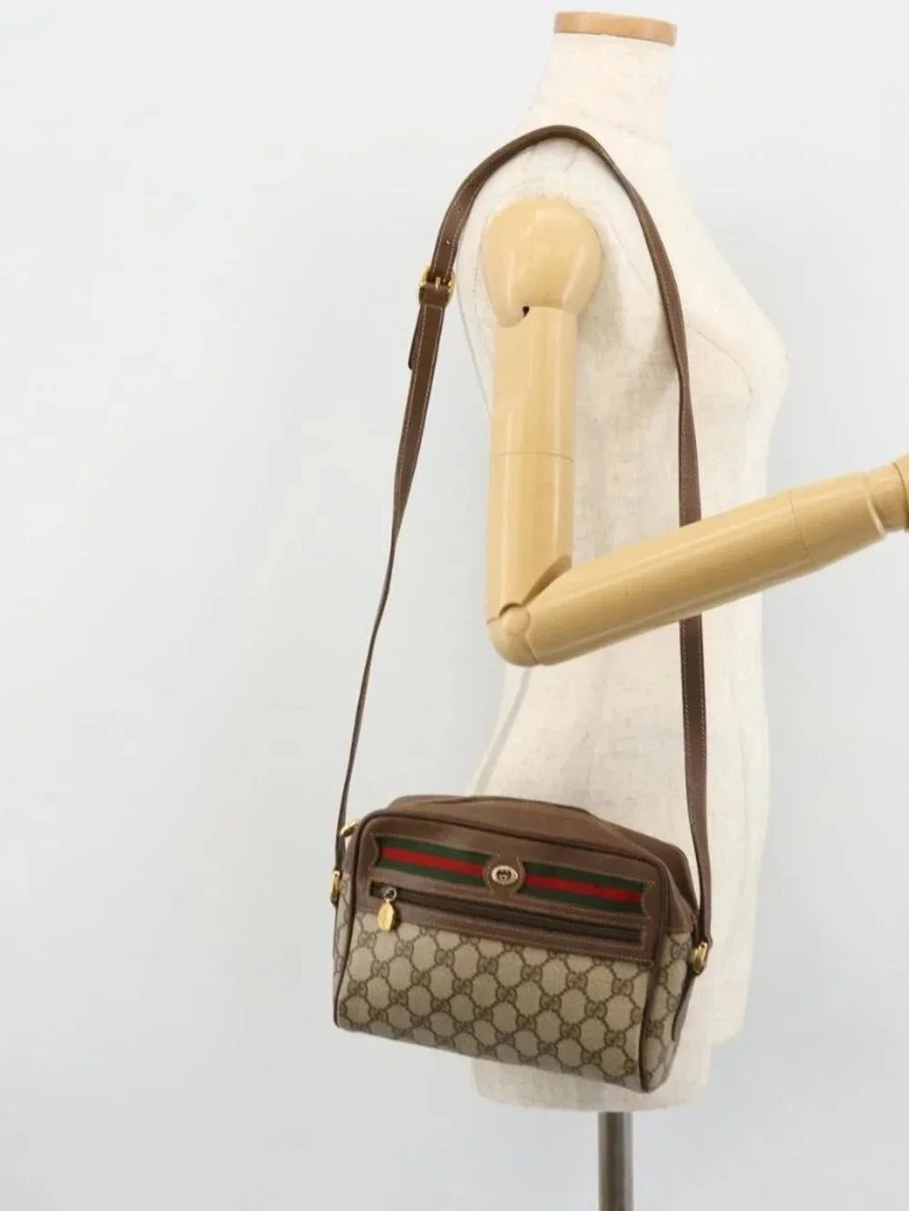 GUCCI GG Supreme Web Sherry Line Bag PVC Beige Gold 56 02 087 Auth